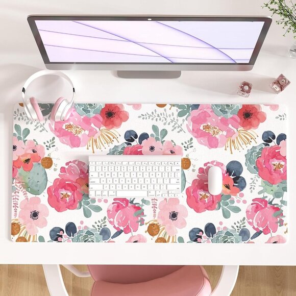 Large Mouse Pad, Pink Floral Desk Mat for Desktop, Women Girls PU Leather Waterp - Picture 1 of 8